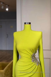 Ginger yellow High-neck Long-sleeves Metallic Beaded Mermaid Semi Formal Prom Dress